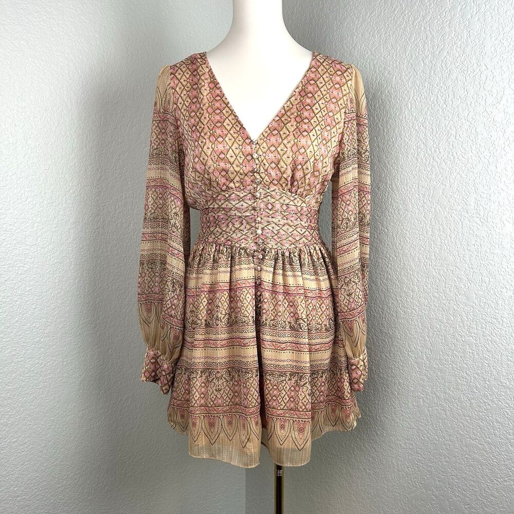 House of Harlow 1960 Women's Chiffon Dress Button Metallic Bohemian Small